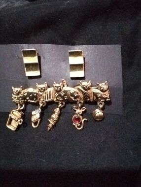 AJC Gold Cat Charm Brooch with Dangle Charms - Nine West Clip Ons